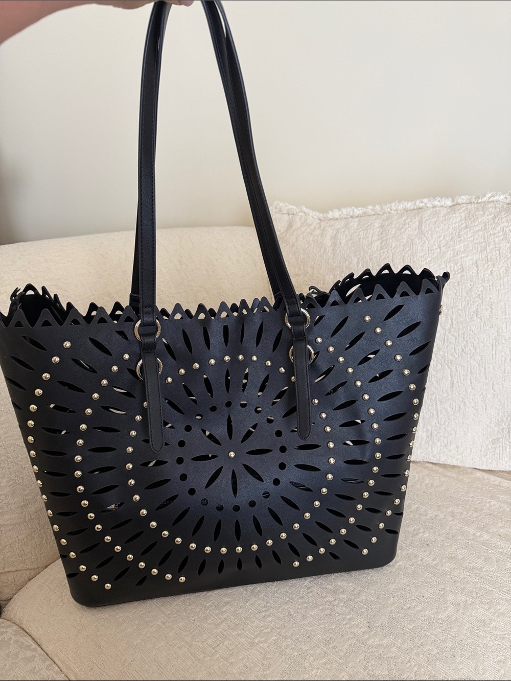 White House Black Market Black Laser-Cut Studded Tote with zippered pouch inside